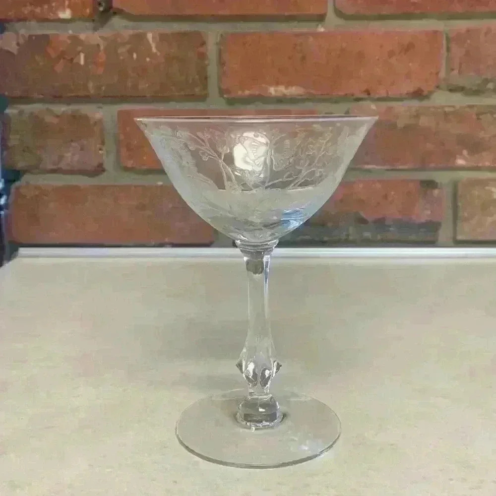 Duncan & Miller Crystal Champagne Coupe Etched “Charmaine Rose”…Vintage 1953